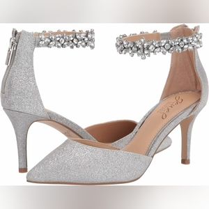Jewel Bagley Mischka heels, pointed toe, sparkling silver,  wedding